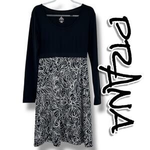 prAna Kaley Lagoon Long Sleeve Dress Black White Fit Flare Womens Size Small